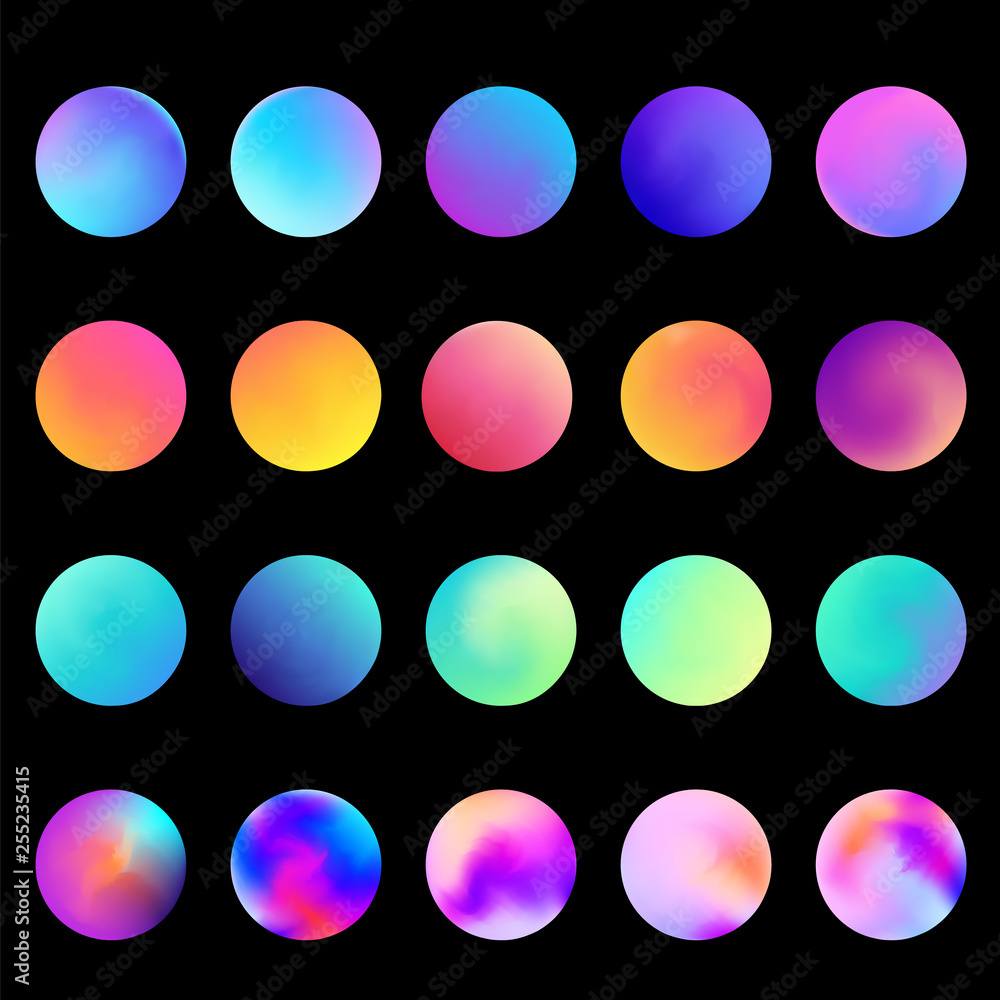 Rounded holographic gradient sphere set. Gradient colorful sphere in trendy style. Multicolor round buttons or vivid color spheres flat set. Vector illustration 10 eps