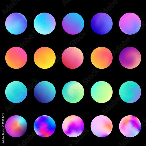 Rounded holographic gradient sphere set. Gradient colorful sphere in trendy style. Multicolor round buttons or vivid color spheres flat set. Vector illustration 10 eps