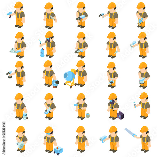 Worker and tool icons set. Isometric set of 25 worker and tool vector icons for web isolated on white background