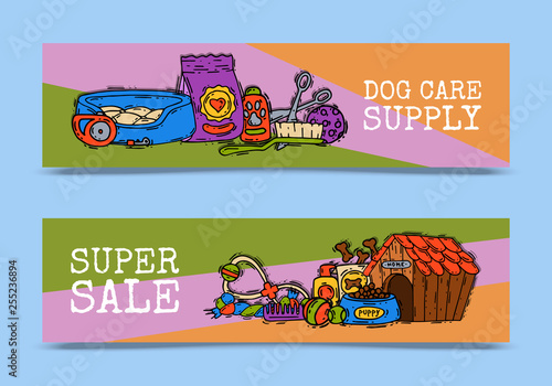 Pet care supply funny colorful banner petsshop advertising bookmark with dog kennel vector illustration. Animal accessory clinic canine carrier poster. Puppy protection tools.