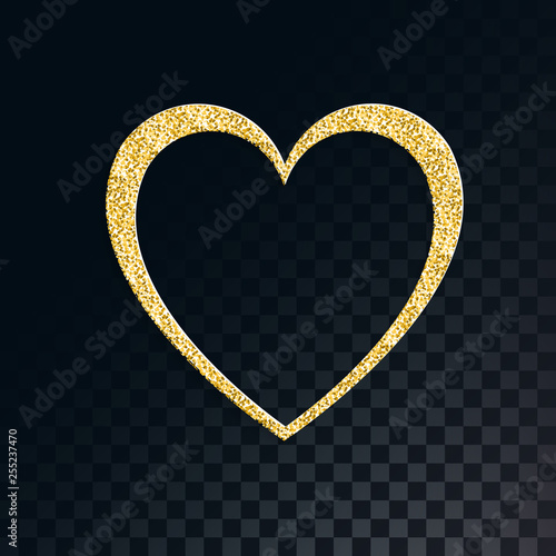 A beautiful golden glittering festive heart with glamorous sparkles on a translucent dark and squared black background from squares. Vector illustration