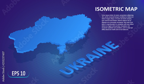 Isometric map of the UKRAINE. Stylized flat map of the country on blue background. Modern isometric 3d location map with place for text or description. 3D concept for infographic.