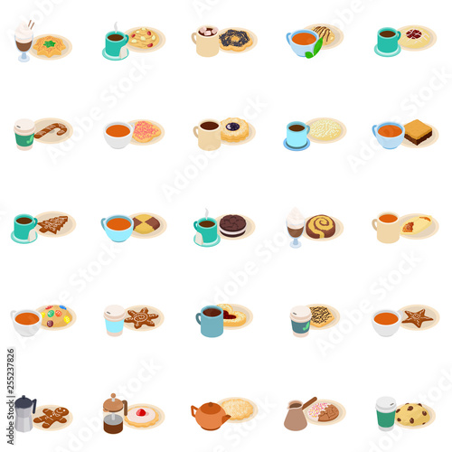 Breakfast icons set. Isometric set of 25 breakfast vector icons for web isolated on white background
