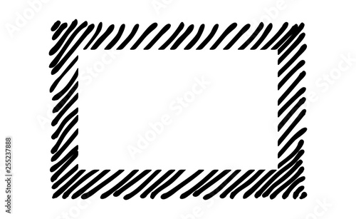 Scribble hatching along the rim frame rectangle. Hand drawn symbols. Sketches shaded and hatched badges and stroke shapes. Monochrome vector design elements. Isolated illustration.