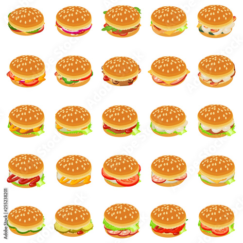 Burger icons set. Isometric set of 25 burger vector icons for web isolated on white background