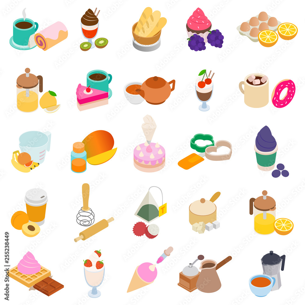 Sweet dessert icons set. Isometric set of 25 sweet dessert vector icons for web isolated on white background