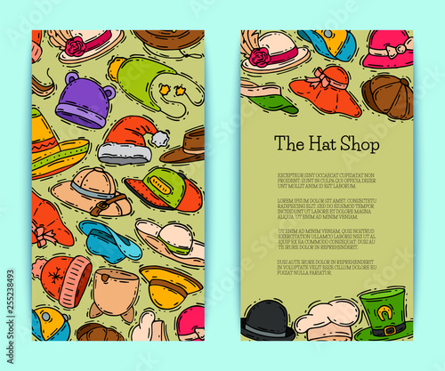 Hats shop market store banner vector illustration. Different clothing sale style cap cloth accessories poster. Seasonal headdress protection handmade advertisemen card. Modern head wear accessory photo