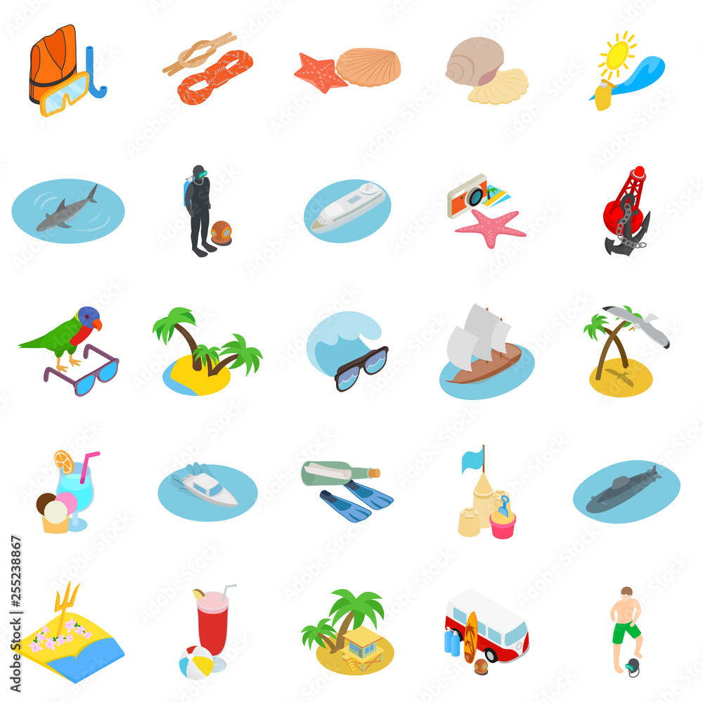 Tourist diving icons set. Isometric set of 25 tourist diving vector icons for web isolated on white background