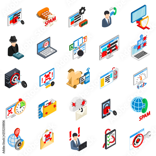 Cyber attack icons set. Isometric set of 25 cyber attack vector icons for web isolated on white background