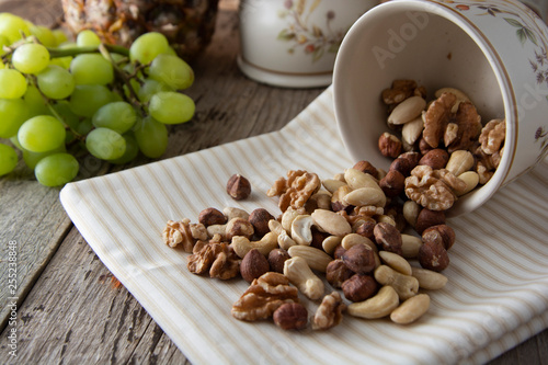 Nuts mix over wooden background. Energy super food. Proteine food. dieting, healthy food. Isolated nuts - almonds, hazelnuts,cashew, brazil nuts.