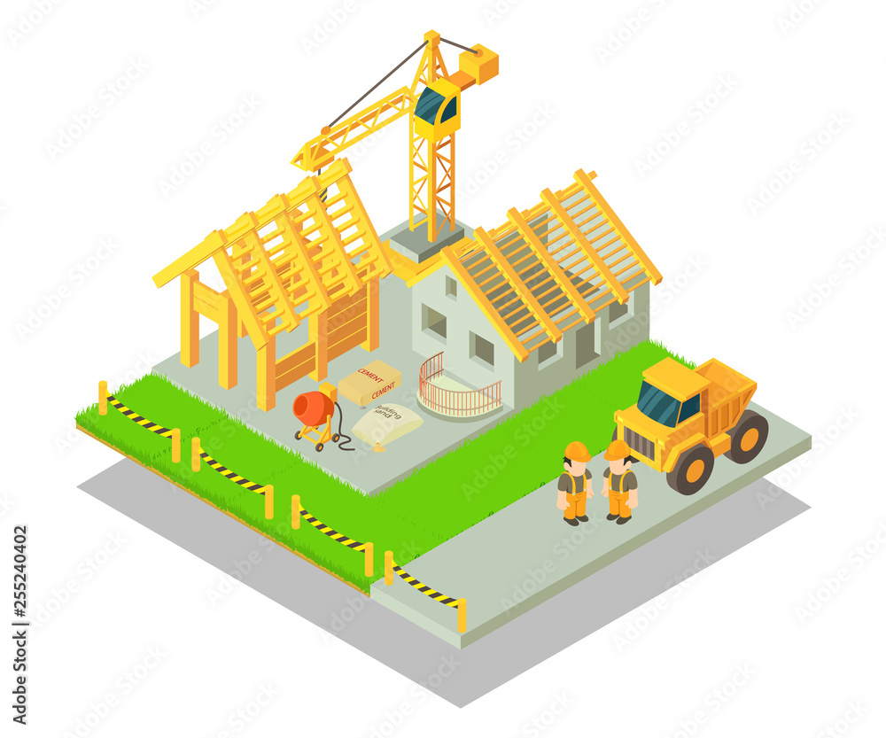 Construction concept banner. Isometric banner of construction vector concept for web, giftcard and postcard