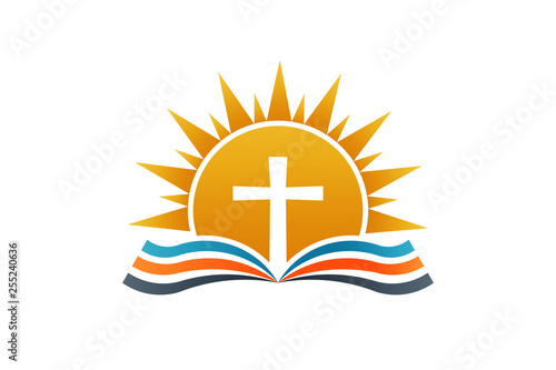 Cross over Bible. Religion Logo illustration