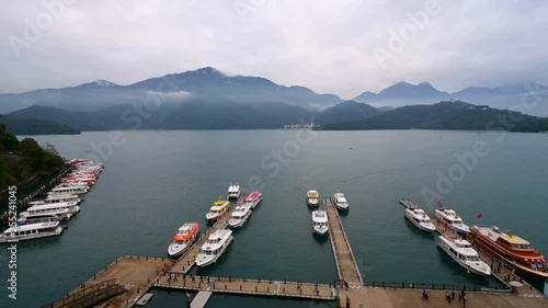 4K video boat moving in the lake at pier of Sun Moon Lake, Nantou, Taiwan