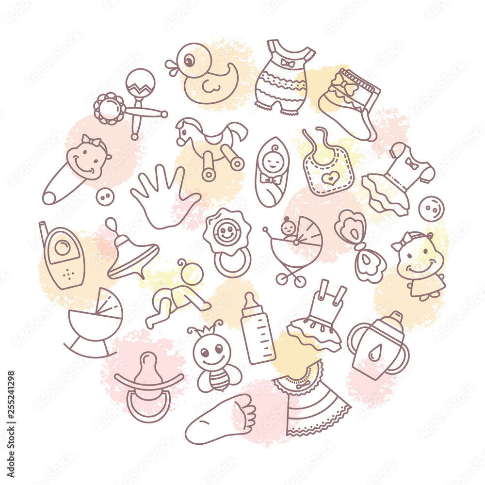 Fototapeta premium Circular background of children themes with toys, clothes and other elements on the theme of children. Registration of a nursery, cards and various ornaments for children.