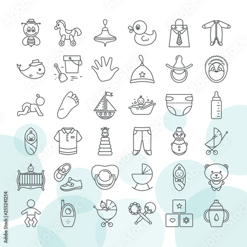 Set of baby toys and clothes icon set isolated on a white background.