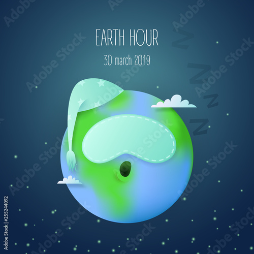 cute sleeping earth planet character with sleep hat and mask in dark blue space as an earth hour banner or card