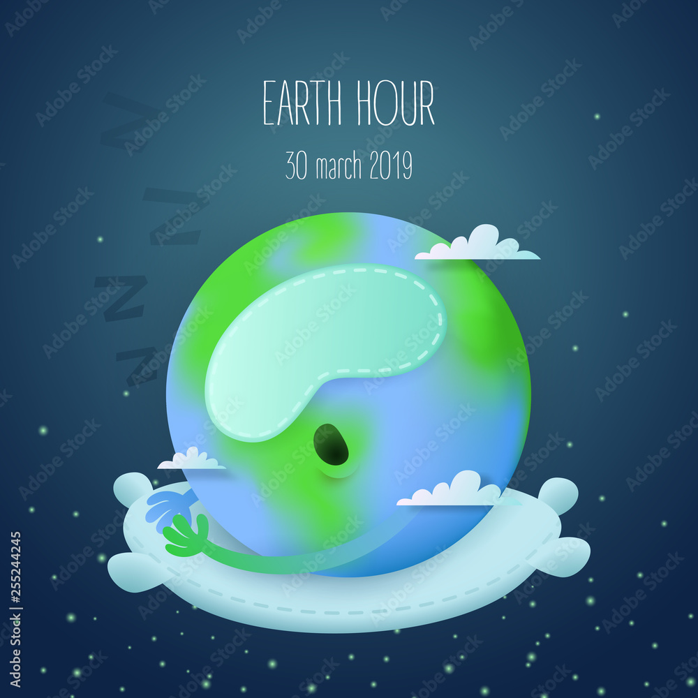 cute funny sleeping earth character on a pillow with a sleeping mask and clouds in a space background as an earth hour banner