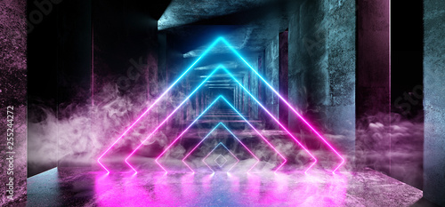 Smoke Sci Fi Purple Neon Background Futuristic Empty Alien Spaceship Tunnel Underground Garage Gallery Room With Triangle Shaped Lights Glowing Blue On Concrete 3D Rendering