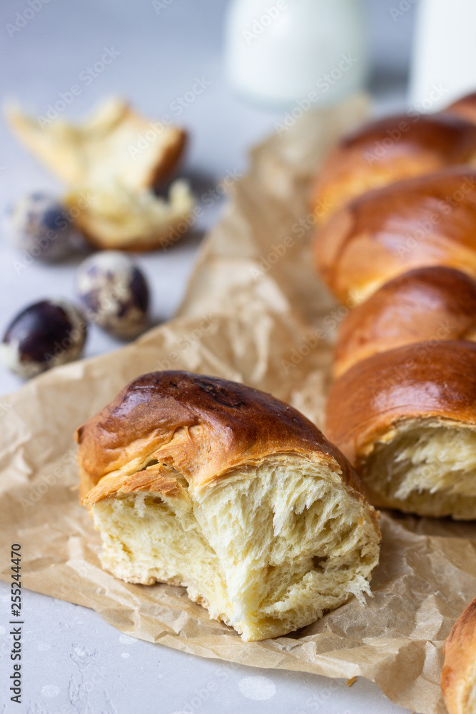 Traditional Easter bread (Challah or  Cozonac). Freshly baked sweet braided bread loaf. 