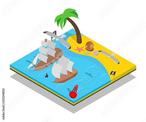 Pirate beach concept banner. Isometric banner of pirate beach vector concept for web, giftcard and postcard
