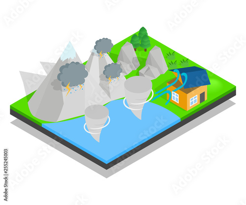 Hurricane concept banner. Isometric banner of hurricane vector concept for web, giftcard and postcard