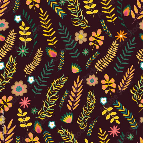 Summer floral seamless pattern. Flowers and branches in bright colors. Vector illustration.