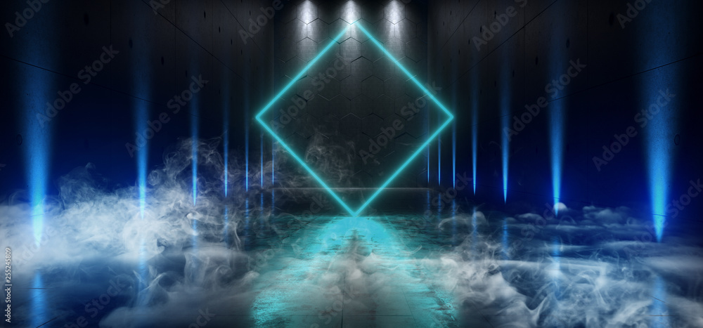 Smoke Fog Neon Background Large Hall Gallery Room Sci Fi Futuristic Underground Ship Portal Glowing Blue Reflections On Grunge Concrete Spotlights 3D Rendering Smoke Fog Neon Background Large Hall Gallery Room Sci Fi Futuristic Underground Ship Portal Glowing Blue Reflections On Grunge Concrete Spotlights 3D Rendering