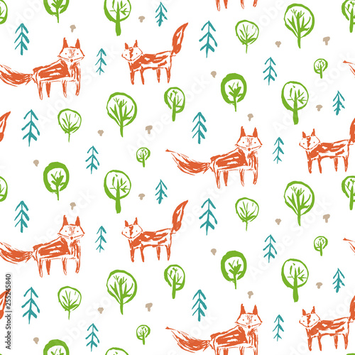 Childish seamless pattern with cute sketchy orange foxes in forest with firs and mushrooms. Childish woodland hand drawn foxy texture for kids design, wallpaper, textile, wrapping paper