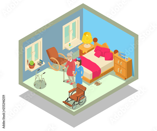 Retirement home concept banner. Isometric banner of retirement home vector concept for web, giftcard and postcard