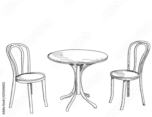 sketch, lines table and two chairs