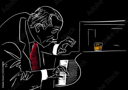 Piano player on stage. White silhouette on black background.  Old smoking musician plays the piano in club. A glass of whiskey is on the piano. Black and white vector illustration.