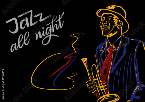 Jazz all night. Illustration for music concerts. Silhouette of saxophone player on black background. Red, yellow, white colors. Musical vector illustration.
