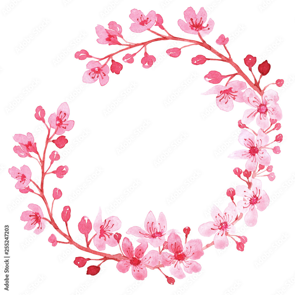 Watercolor wreath with branch of delicate pink blooming flowers, bud and leaves isolated on white background. branch of cherry blossoms. 