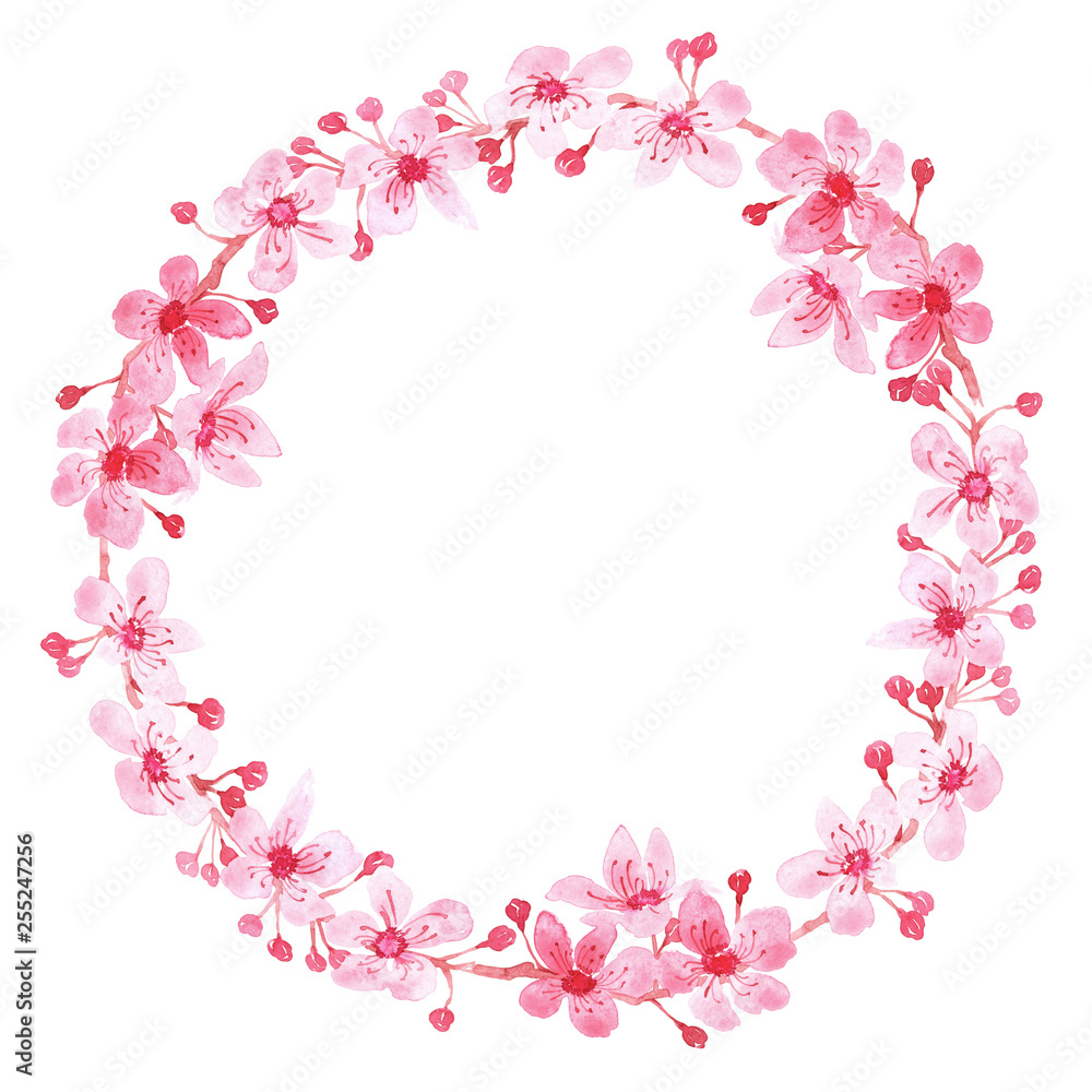 Watercolor wreath with branch of delicate pink blooming flowers, bud and leaves isolated on white background. branch of cherry blossoms. 