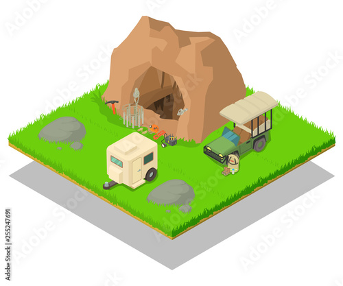 Research of cave concept banner. Isometric banner of research of cave vector concept for web, giftcard and postcard