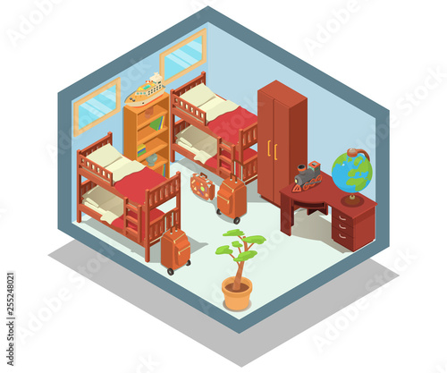 Hostel concept banner. Isometric banner of  hostel vector concept for web, giftcard and postcard