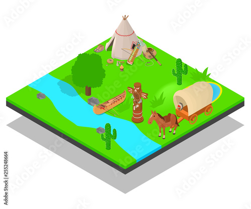Native inhabitant concept banner. Isometric banner of native inhabitant vector concept for web, giftcard and postcard