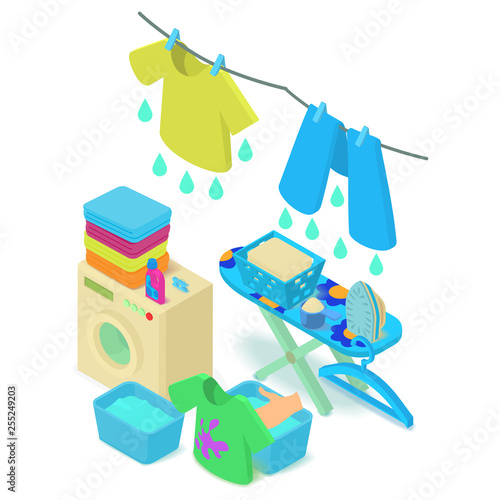 Washable concept banner. Isometric banner of washable vector concept for web, giftcard and postcard