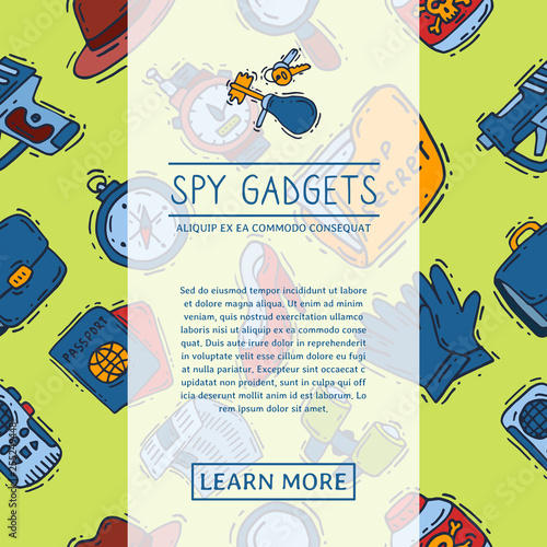 Private detective spy work gadgets magnifier forensic evidence secret documents banner vector illustration. Spying privacy information detective equipment. Professional surveillance work.