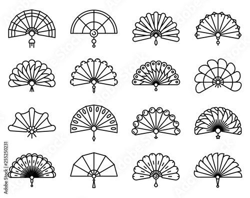 Handheld fan icons set. Outline set of handheld fan vector icons for web design isolated on white background