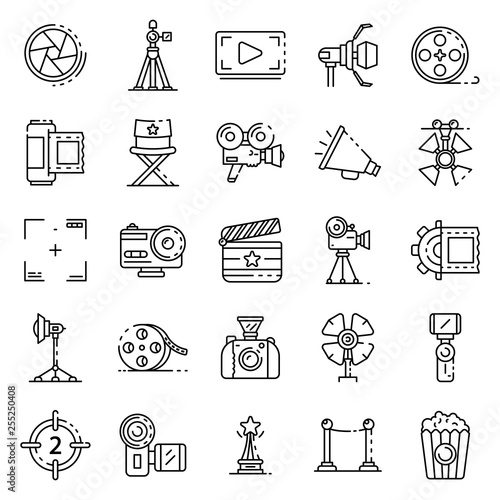 Film production icons set. Outline set of film production vector icons for web design isolated on white background