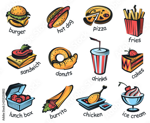 collection with illustrations of fast food isolated on white background