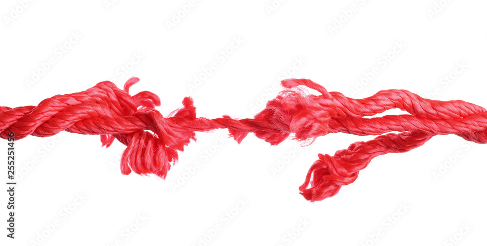 Rupture of red climbing rope on white background Rupture of red climbing rope on white background