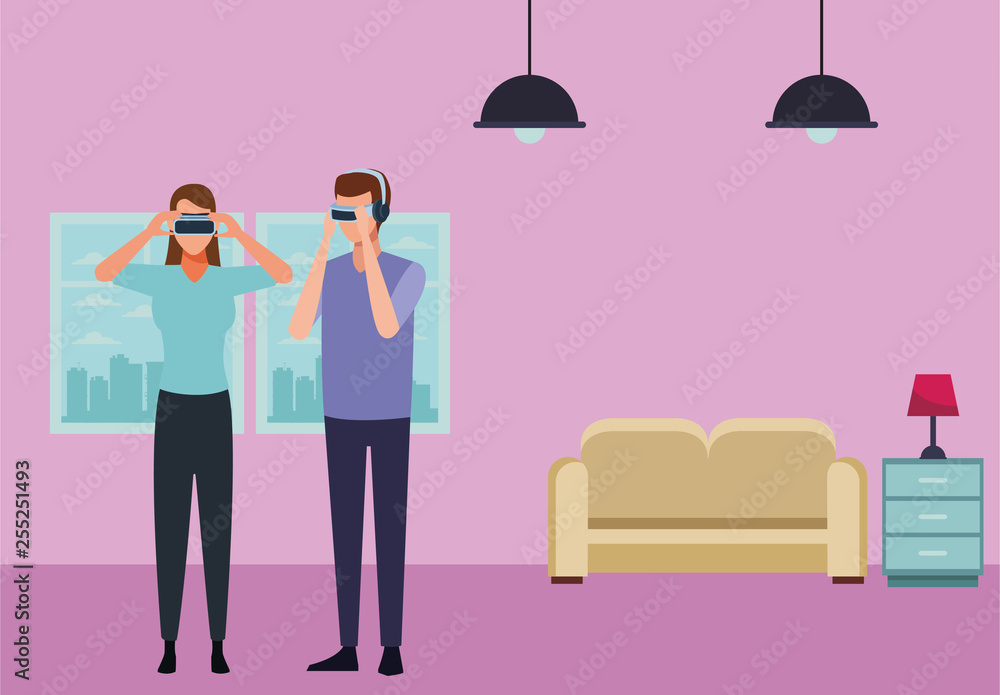 People playing with virtual reality glasses People playing with virtual reality glasses