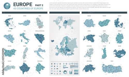 Vector maps set.  High detailed 45 maps of European countries with administrative division and cities. Political map, map of Europe continent, world map, globe, infographic elements.  Part 2.