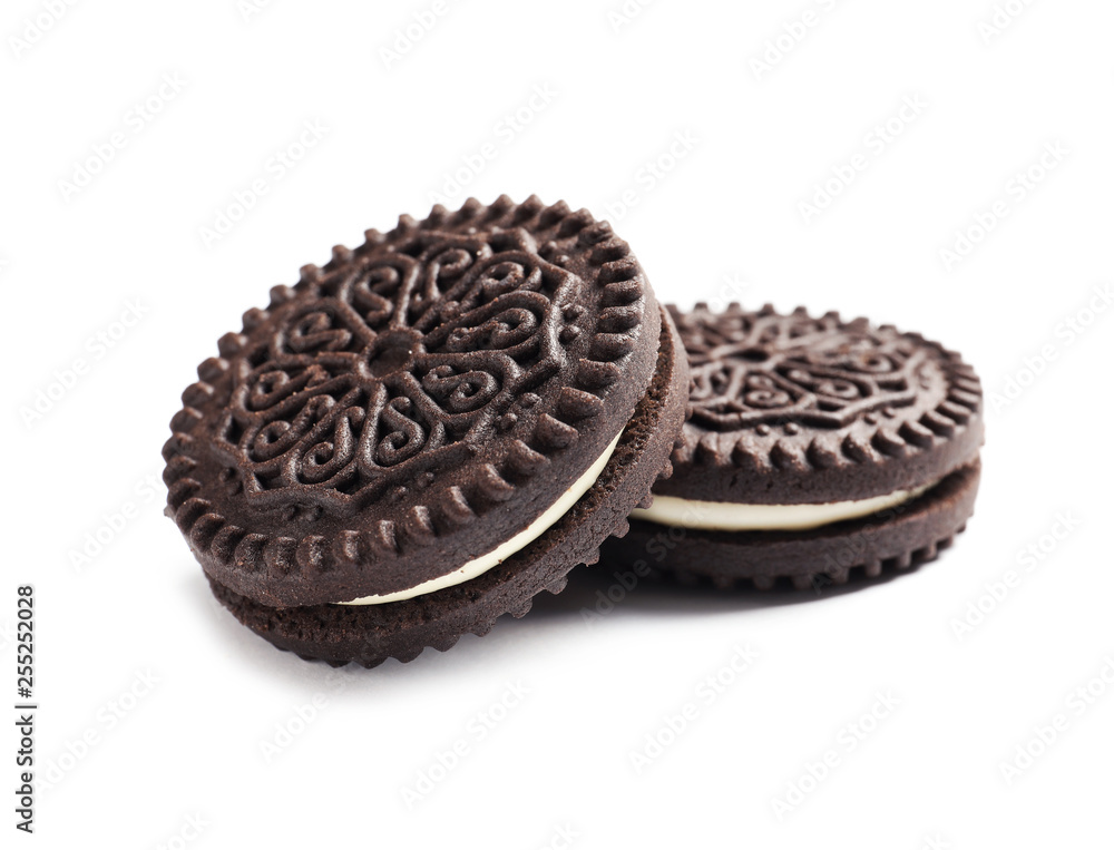 Tasty chocolate cookies with cream on white background Tasty chocolate cookies with cream on white background
