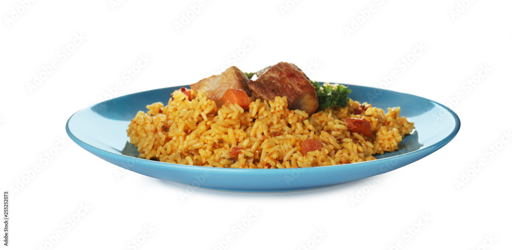 Plate with rice pilaf and meat on white background Plate with rice pilaf and meat on white background