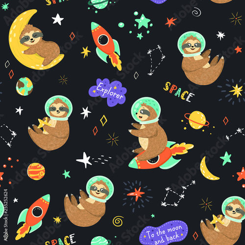 Seamless space pattern with funny sloth astronaut, stars, planets, rockets. Childish print with cartoon cute baby sloths sleeping on the moon, sit on the rocket, holding star. Kids vector background