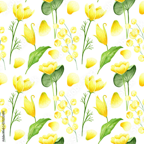 Watercolor seamless pattern in retro style with spring yellow flowers  petals and green leaves. Decorative floral background for Easter  wedding or fabric design in gold and green colors