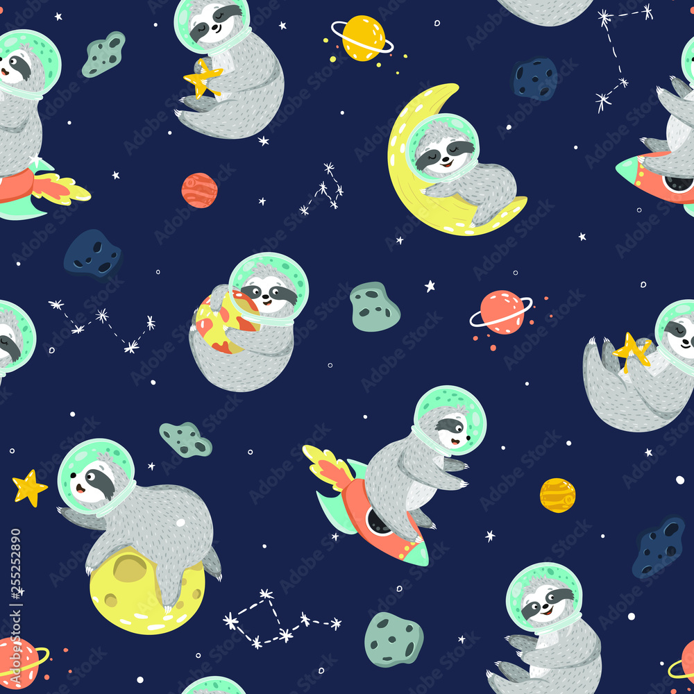 Seamless space pattern with funny sloth astronaut, stars, planets, rockets. Childish background with cute baby sloths sleeping on the moon, sit on the rocket, holding star, hugging planet. Vector Seamless space pattern with funny sloth astronaut, stars, planets, rockets. Childish background with cute baby sloths sleeping on the moon, sit on the rocket, holding star, hugging planet. Vector
